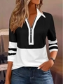 Detail of zip-up polo collar and black-white contrast stripes on long sleeve shirt - S / Tops / Black