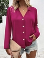 Elegant magenta long sleeve shirt with deep V-neck and button detailing for women - Rose Red