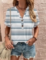 Close-up of women's V-neck striped short sleeve shirt with decorative brown buttons - Blue Horizontal Stripes