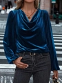 Royal blue velvet long sleeve top with draped cowl neck and elegant puffed cuffs - Navy Blue