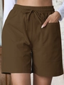 Women's brown loose linen shorts with elastic drawstring waist and large pockets - Coffee