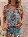 Detail of bohemian mandala print top with V-neckline and dark buttons for women - Mandala Red Floral