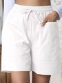 Women's white high waisted linen blend shorts with drawstring and large pockets - White