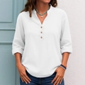 Detail of white cotton linen shirt showing a small stand-up collar and wooden buttons - S / White