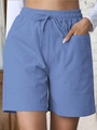 Women's high waist loose linen shorts in dusty blue with drawstring and pockets - Sapphire Blue