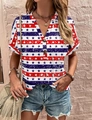 Detail of V-neck short sleeve top featuring vintage American flag print and buttons - Stars And Stripes