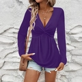 Women's deep purple long sleeve V-neck top with front twist knot and babydoll hem design - S / Purple