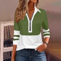 Women's casual zip polo long sleeve shirt with green and white color block pattern - Green