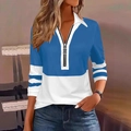Polo femme bleu à blocs de couleurs avec fermeture éclair anneau et manches rayées - S / Bleu