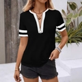 Damen Kurzarm T-Shirt in Schwarz mit V-Ausschnitt, weißen Streifen und Reißverschluss - S / Schwarz