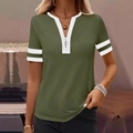 Damen V-Ausschnitt T-Shirt in Armeegrün mit Metallreißverschluss und weißen Kontraststreifen - S / Armeegrün