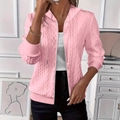 Pink cable knit hoodie with front zipper and drawstring for a slim casual autumn look - Pink