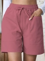Dusty pink linen shorts with high-waist drawstring and pockets for women - Watermelon red