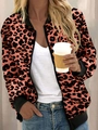Detail of leopard print bomber jacket featuring black ribbed cuffs and zip front closure - Red