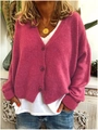Detail der rosaroten Strickjacke mit tiefem V-Ausschnitt und Dreiknopf-Verschluss - Fuchsia