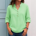 Women's light green V-neck long sleeve shirt with wood-texture buttons and linen fabric - Green