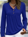 Close-up of royal blue V-neck top featuring three brown buttons and pleated waist detail - S / Blue