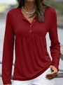 Detail of dark red henley V-neck top with wooden buttons and empire waist pleats - S / Burgundy