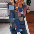 T-shirt donna con scollo a V e stampa patchwork denim vintage e zip in metallo - S / Patchwork Colorato