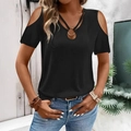 T-shirt nera da donna con scollo a V, spalle scoperte e dettaglio incrociato chic - S / Nero