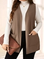 Detail of long brown sleeveless blazer vest with large utility pockets and draped fit - S / Tops / Khaki