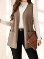 Detail view of khaki longline vest featuring open front design and large functional patch pockets - S / Khaki