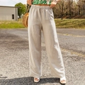 Close-up of lightweight cotton linen wide leg trousers with elastic drawstring waist - S / Khaki