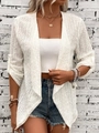 Weiße langärmelige Spitzenstrickjacke mit Lochstickerei und Knöpfen für Damen - S / Weiß