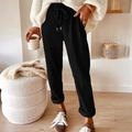 Pantaloni casual neri a costine da donna con vita elastica a coulisse e vestibilità comoda - S / Nero