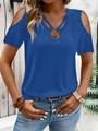 Women's deep blue cold shoulder T-shirt with V-neck cross strap and silver ring detail - Blue
