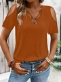 Cold shoulder short sleeve V-neck T-shirt for women in burnt orange with ring detail - Tan