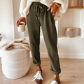 Pantaloni casual in velluto a coste verde oliva con coulisse elastica in vita e risvolto - S / Verde Militare