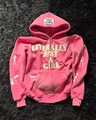 Detail of pink Y2K zip-up hoodie featuring 3D letter patches and female silhouette prints - XS / Pink