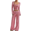 Women's red and white striped high waist wide leg pants set with long sleeve U-neck crop top - Red