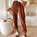 Women casual brick red corduroy drawstring pants with pockets and straight-leg design - Dark Brown