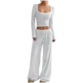 Detailed close-up of striped knit fabric texture and white drawstring waist on wide-leg pants - Light Gray