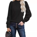 Women black ribbed knit top with high neck and puffed sleeves on white background - S / Black