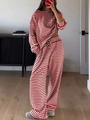 Detail of red and white striped long sleeve top and high-waist drawstring trousers set - S / Top And Bottom / Red