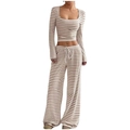 Women striped two-piece lounge set with U-neck long sleeve crop top and wide leg pants - Khaki