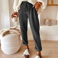 Casual dark grey ribbed trousers for women featuring an adjustable drawstring waistband - Gray