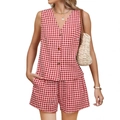 Dames tweedelige rood-wit geruite zomerset met V-hals vest met knopen en korte broek - S / Rood