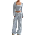 Detail view of the elastic waistband and drawstring on striped wide leg trousers - Aquamarine