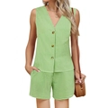 Dames tweedelige groene gingham set met mouwloze top met V-hals en bijpassende short - S / Groen