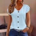 Camiseta azul claro para mujer con cuello en V, mangas con volantes y bordado calado - S / Azul cielo