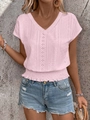 Pink V-neck short sleeve top with eyelet embroidery and smocked ruffled hem design - Pink