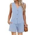 Dames zomerse tweedelige set met blauwe ruitjes, mouwloos vest met V-hals en korte broek - S / Blauw