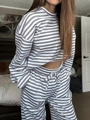 Detail view of striped loungewear set with drawstring waist and drop shoulder top - S / Top And Bottom / Gray