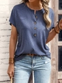 Women's casual v-neck short sleeve t-shirt with decorative buttons in dusty blue color - Blue