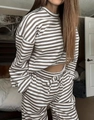 Detail of striped long-sleeve crop top and drawstring pants set in brown and white - S / Top And Bottom / Khaki