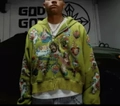 Grass green heavy cotton zip-up hoodie with religious prints and baggy cropped fit - Fruit Green